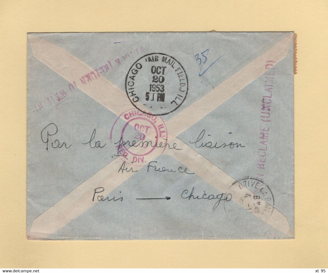 1ere Liaison Postale Aerienne Paris Chicago - 19 Octobre 1853 - 1960-.... Cartas & Documentos