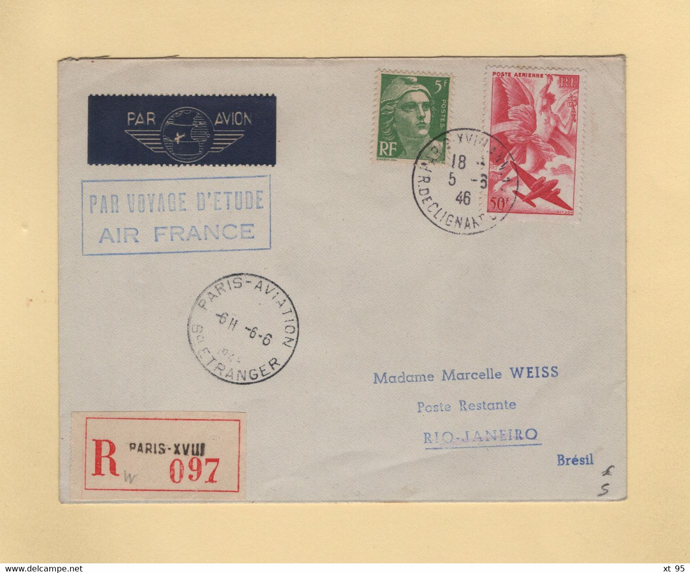 Voyage D Etude Air France - 5-6-1946 - Paris Rio De Janeiro - Bresil - 1960-.... Cartas & Documentos