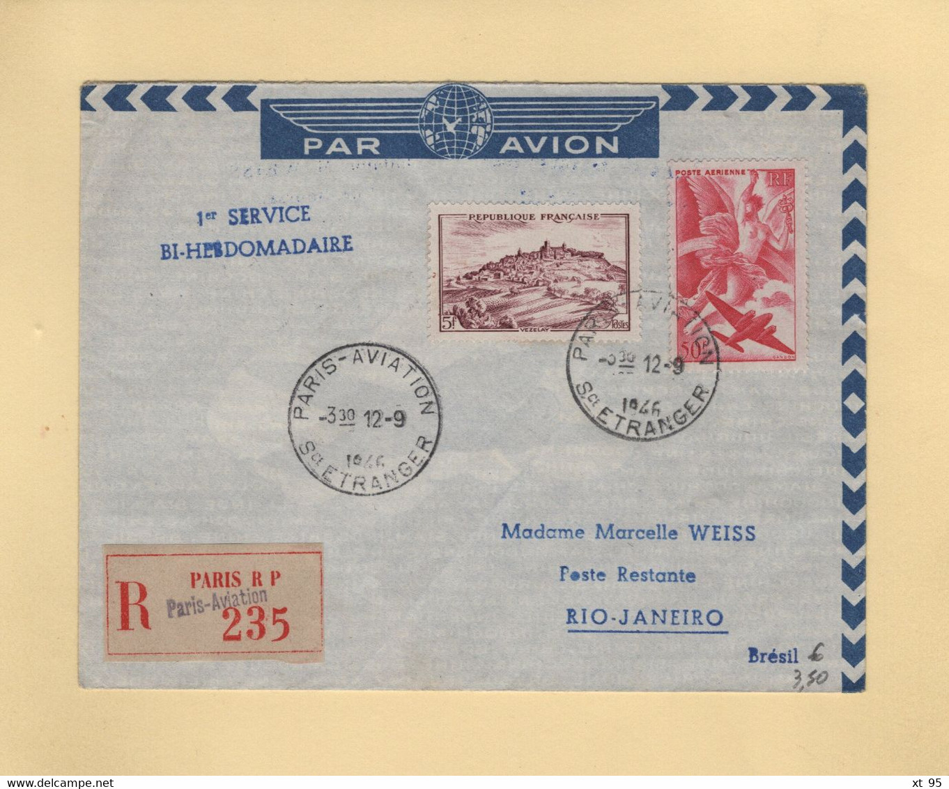 1er Service Bi Hebdomadaire - 12-9-1946 - Paris Rio De Janeiro - Bresil - 1960-.... Lettres & Documents