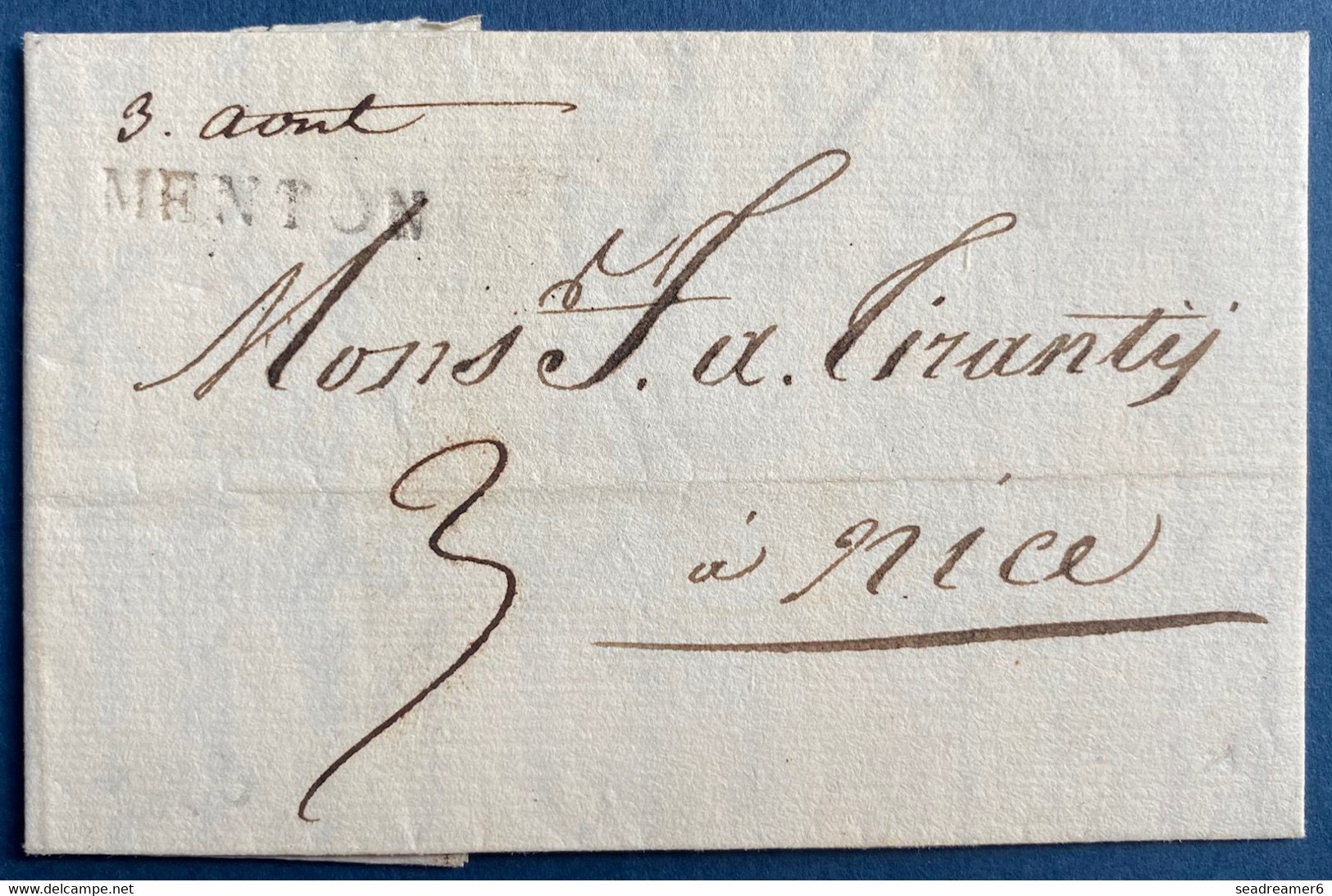 Lettre Avec Texte De 1822 Cursive Sarde " Date Manuscrite / MENTON " Pour NICE TTB - ...-1885 Voorlopers