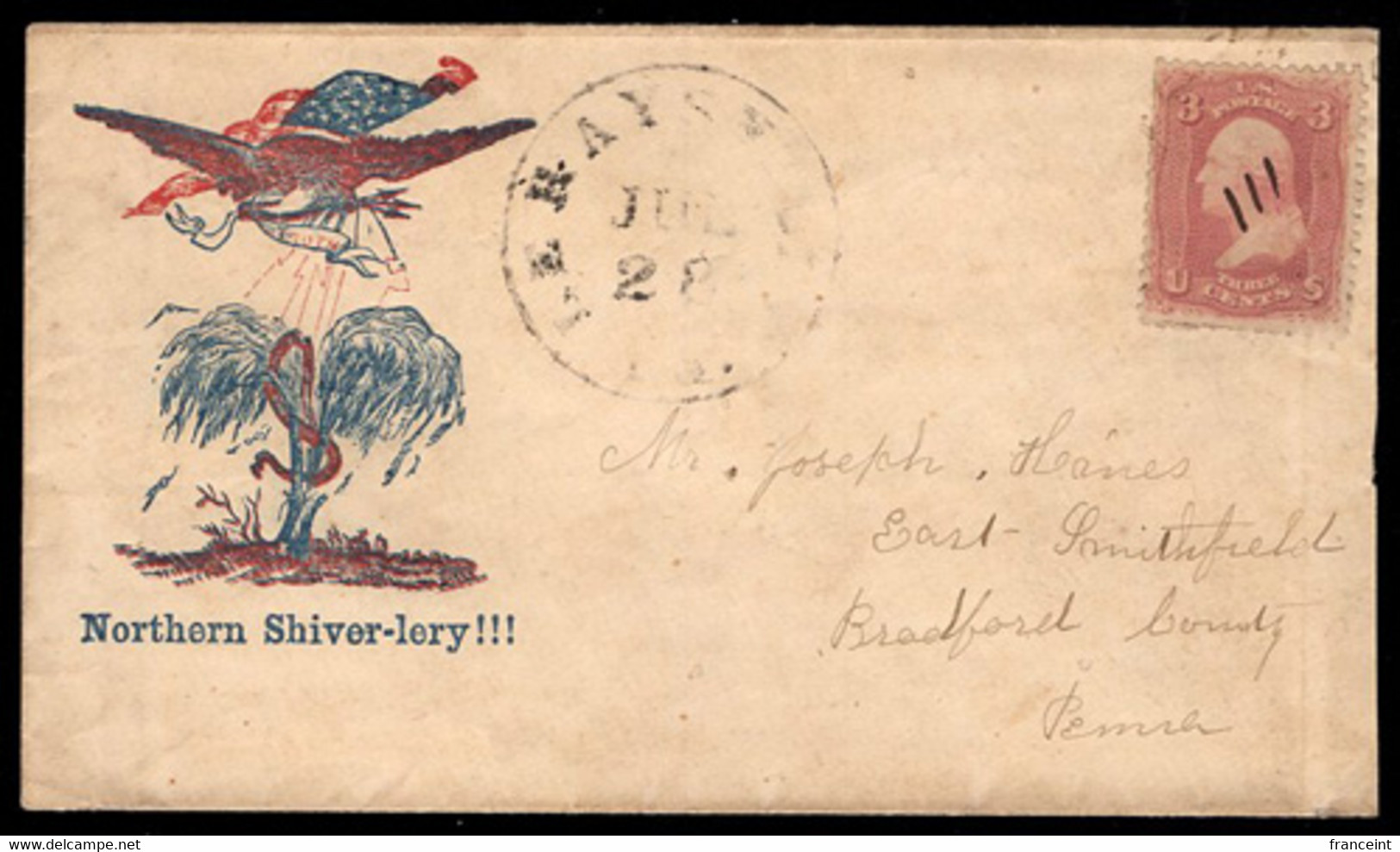 U.S.A.(1861) Eagle Carrying Banner Of Truth Over Serpent In Tree. U.S. Civil War Patriotic Cover With Bicolor Illusttrat - Postal History