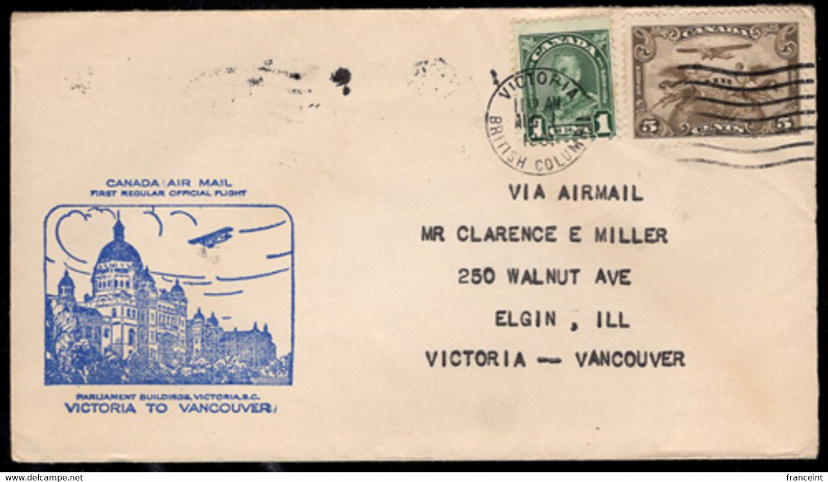 CANADA(1931) Victoria Parliament Building. First Flight Cover Victoria To Vancouver. - Primi Voli