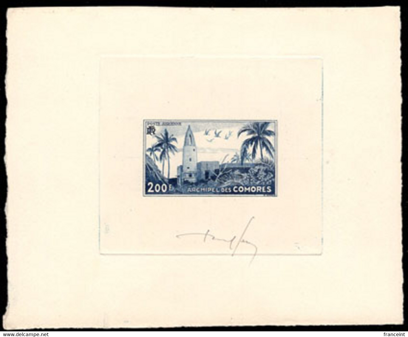 COMOROS(1954) Ouani Mosque. Palm Trees. Die Proof In Dark Blue Signed By The Engraver SERRES. ScottC3, Yvert PA3. - Otros & Sin Clasificación