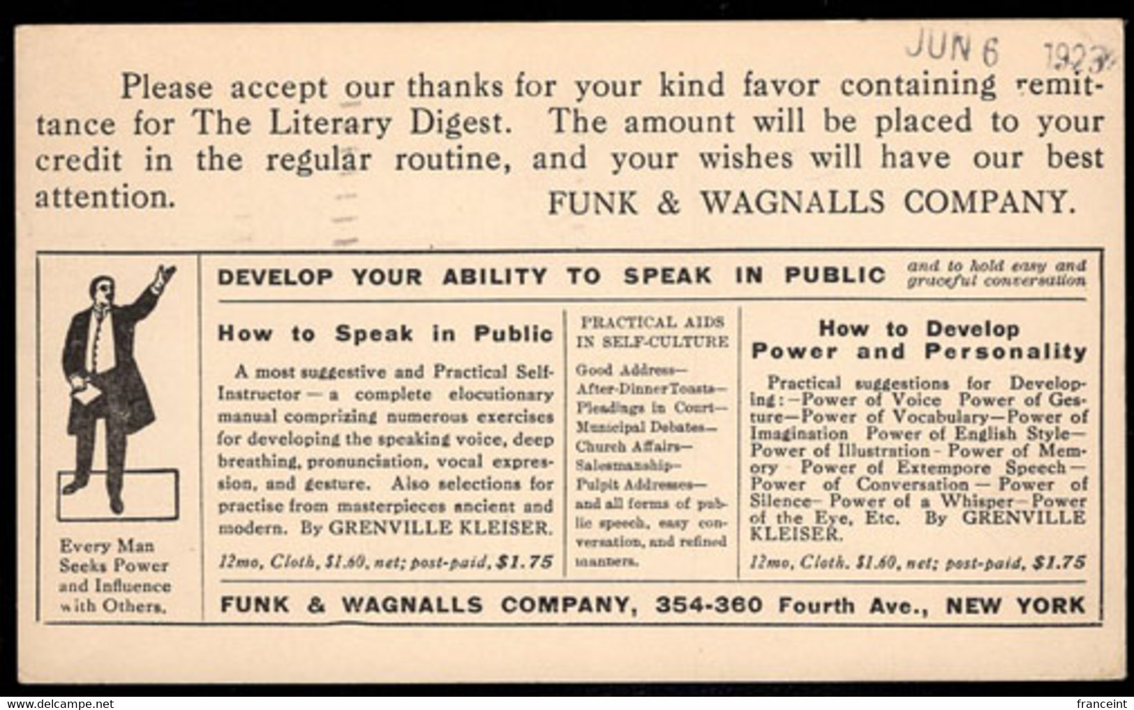 U.S.A.(1923) Literary Digest Subscription. 1c Postal Card With Illustrated Ad For Development Of Public Speaking - 1921-40