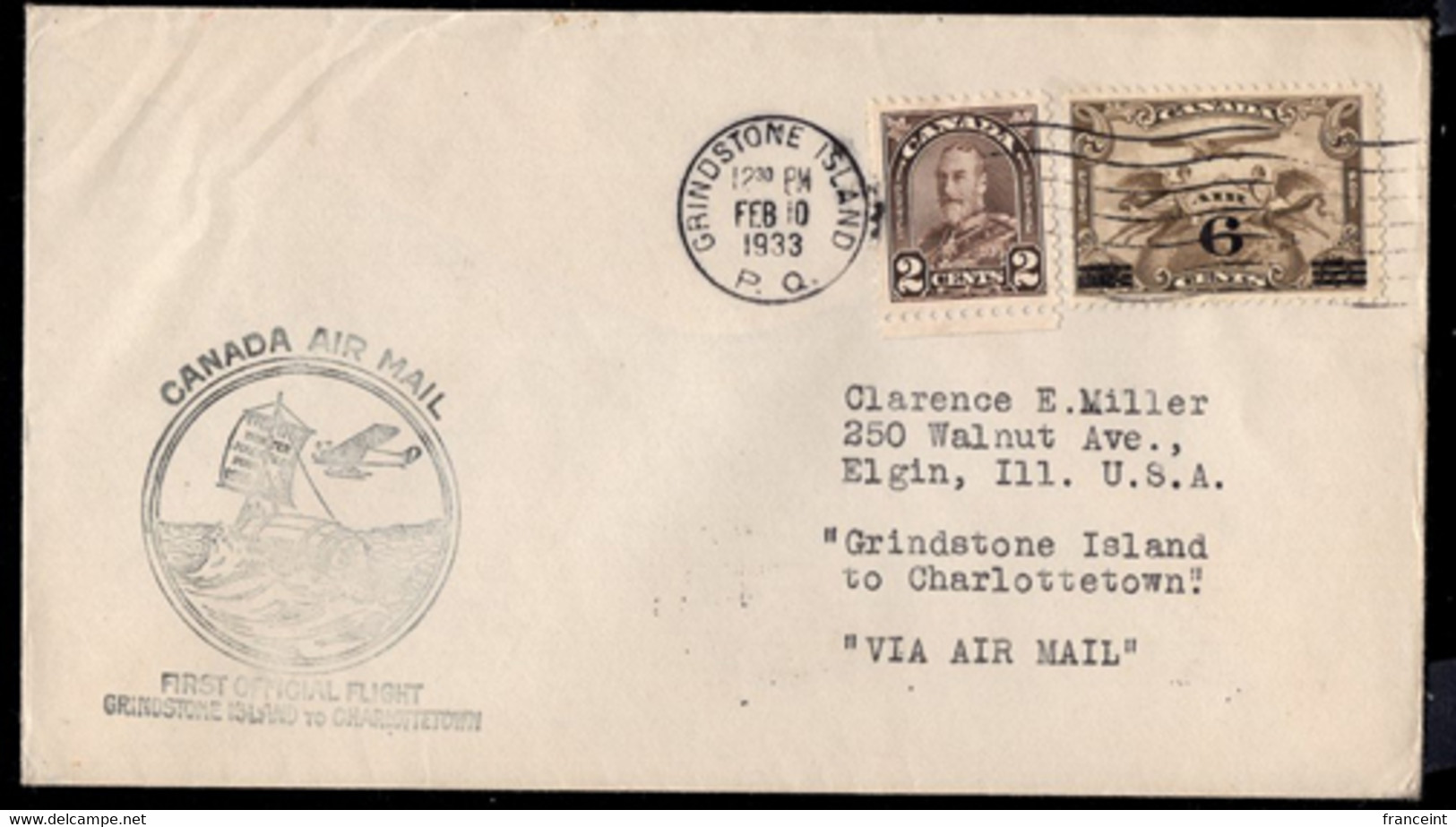 CANADA(1933) Barrel Floating In The Ocean. First Flight Cover Grindstone Island To Charlottestown. - Erst- U. Sonderflugbriefe