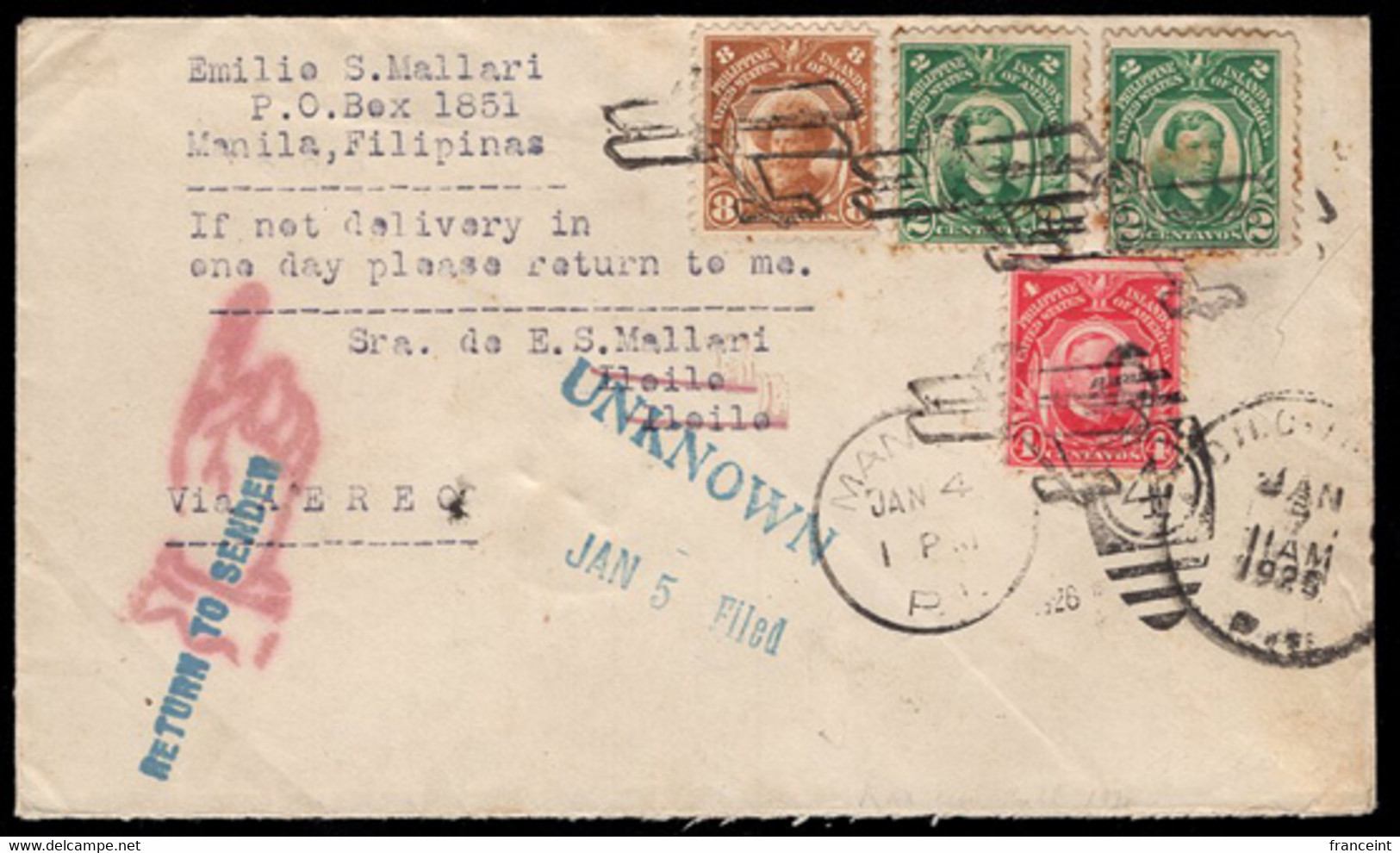 PHILIPPINES(1926) Biplane. Fancy Cancel From Manila (US Administration) Marked "UNKNOWN" And "RETURN TO SENDER" - Philippines