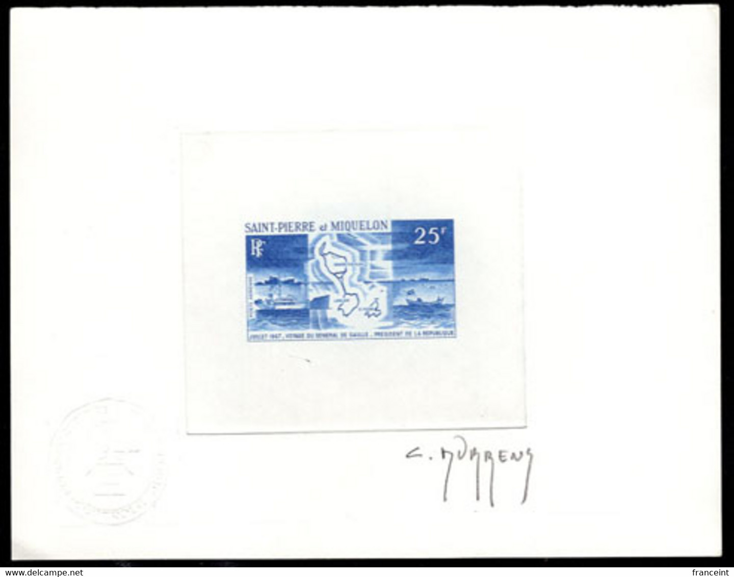 ST. PIERRE & MIQUELON(1967). Die Proof In Blue Signed By The Engraver DURRENS. Visit Of Charles DeGaulle. Sc C35,YT PA38 - Sin Dentar, Pruebas De Impresión Y Variedades