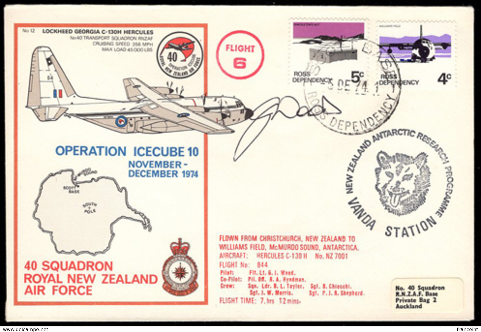 ROSS DEPENDENCY(1974) Husky. Illustrated Cover With Multiple Handstamps From Vanda Station. Flight #6. Op IceCube 10 - Covers & Documents