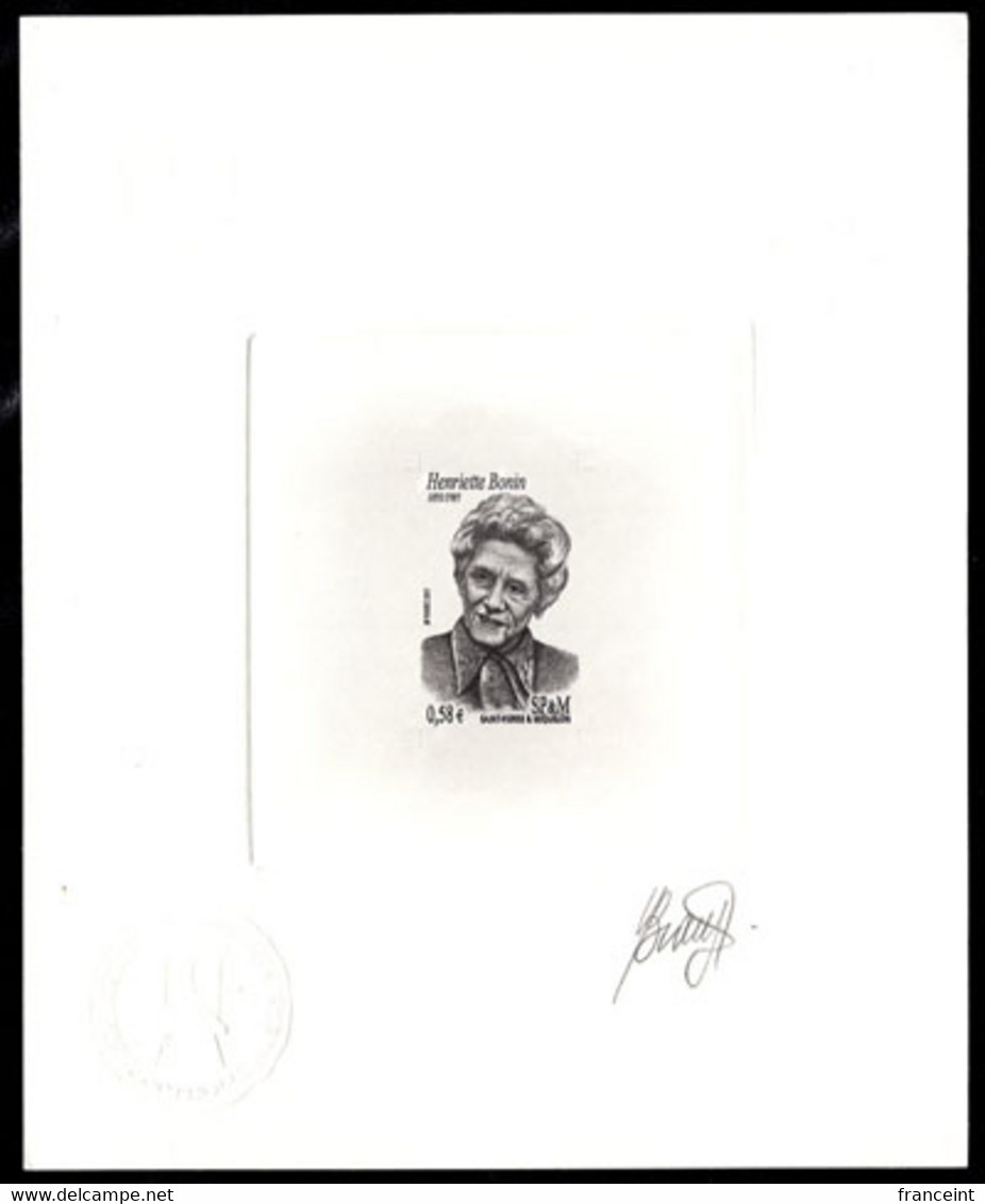 ST. PIERRE & MIQUELON(2011) Henriette Bonin. Die Proof In Black Signed By The Engraver BEAUJARD. Scott 927, Yvert 999 - Sin Dentar, Pruebas De Impresión Y Variedades