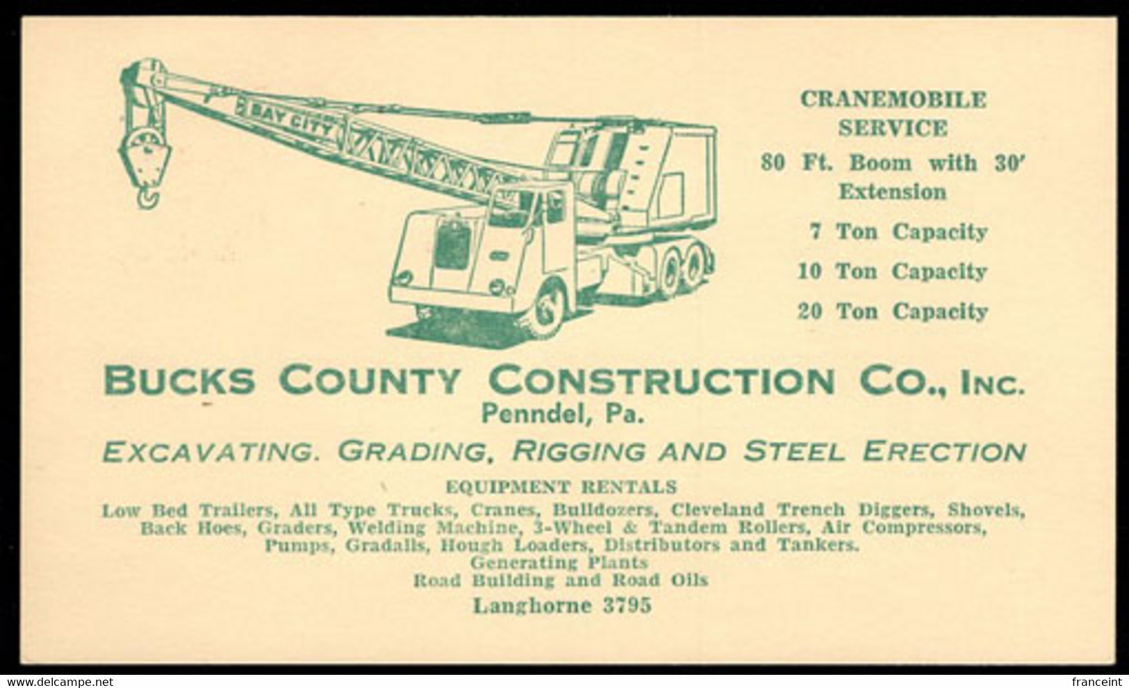 U.S.A.(1951) Mobile Crane. 2c Franklin Postal Card (UX38) With Illustrated Ad On Reverse For Bucks County Construction - 1941-60