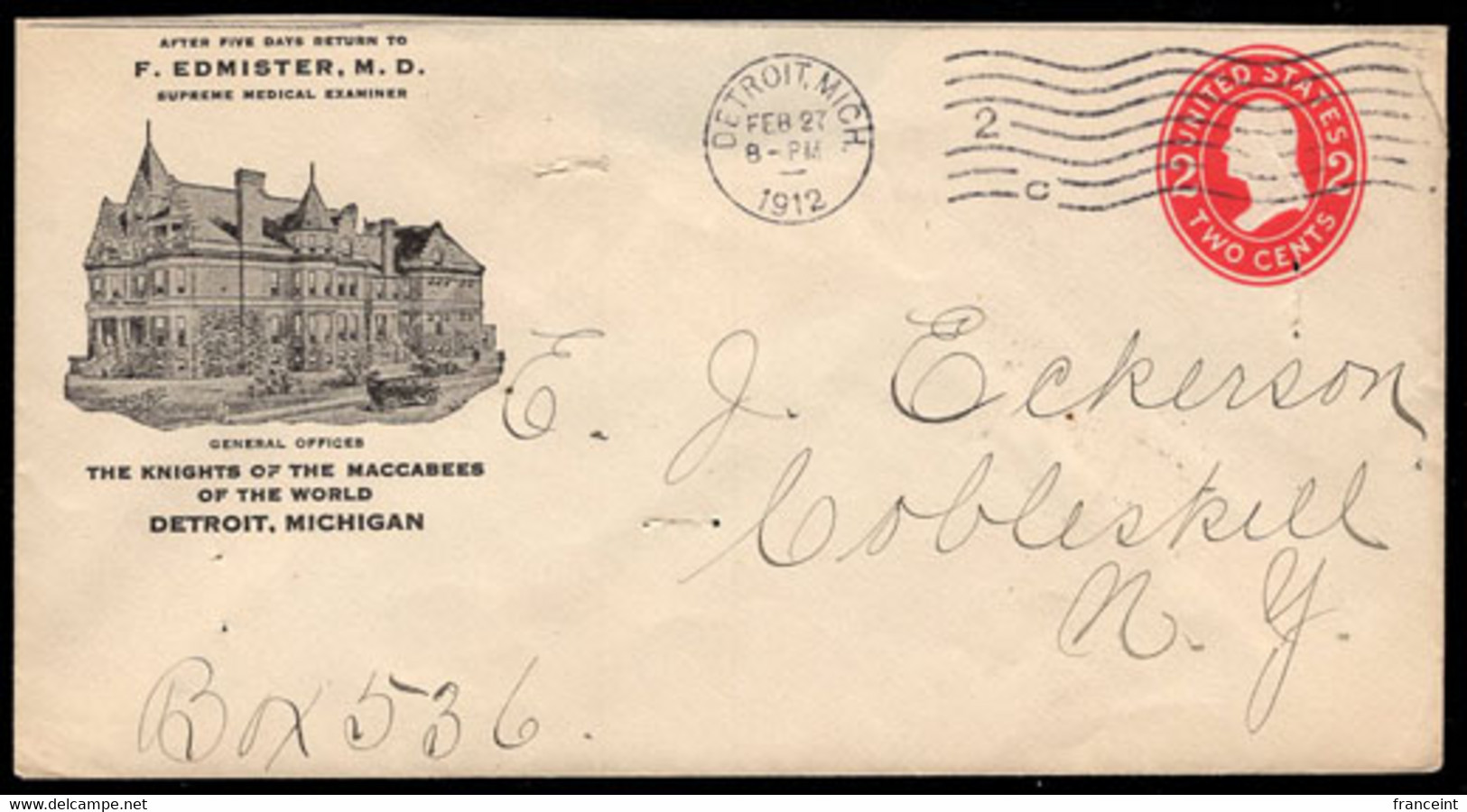U.S.A.(1912) Knights Of The Maccabees Office. 2c Postal Stationery Envelope With Illustrated Corner Ad For Fraternal Org - 1901-20