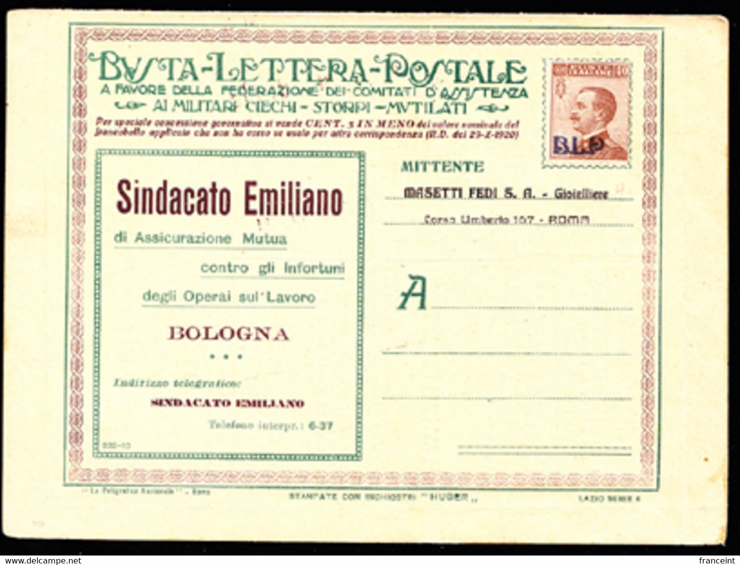 ITALY(1923) Insurance. Gas And Electric Illumination. Union Tires. Vermouth. Touring Car.  Postal Lettercard With BLP - Timbres Pour Envel. Publicitaires (BLP)