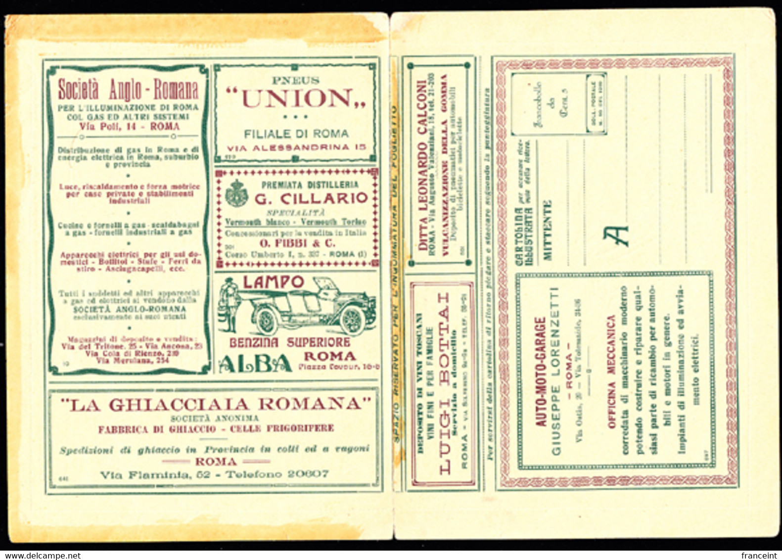 ITALY(1923) Insurance. Gas And Electric Illumination. Union Tires. Vermouth. Touring Car.  Postal Lettercard With BLP - Zegels Voor Reclameomslagen (BLP)