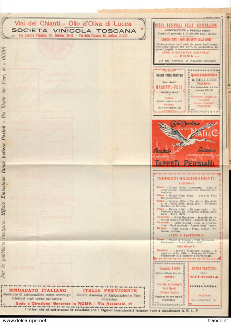 ITALY(1923) Insurance. Gas And Electric Illumination. Union Tires. Vermouth. Touring Car.  Postal Lettercard With BLP - Zegels Voor Reclameomslagen (BLP)