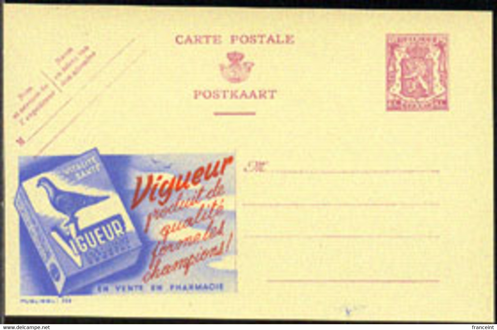 BELGIUM(1948) Box Of Medicine. Pigeon. 65 Centimes Bicolor Postal Card With Advertising Publibel No 733: "Vigueur." - Publibels