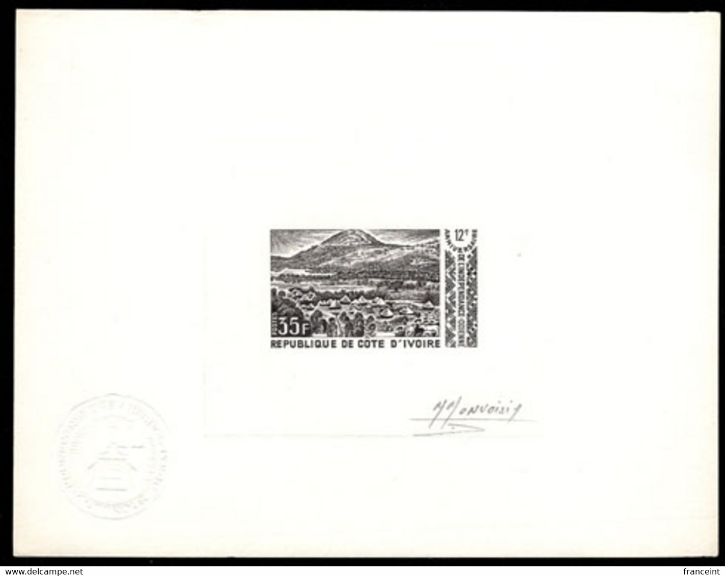 IVORY COAST(1972) View Of Odienné. Die Proof In Black Signed By The Engraver MONVOISIN. Scott No 330, Yvert No 341. - Ivory Coast (1960-...)