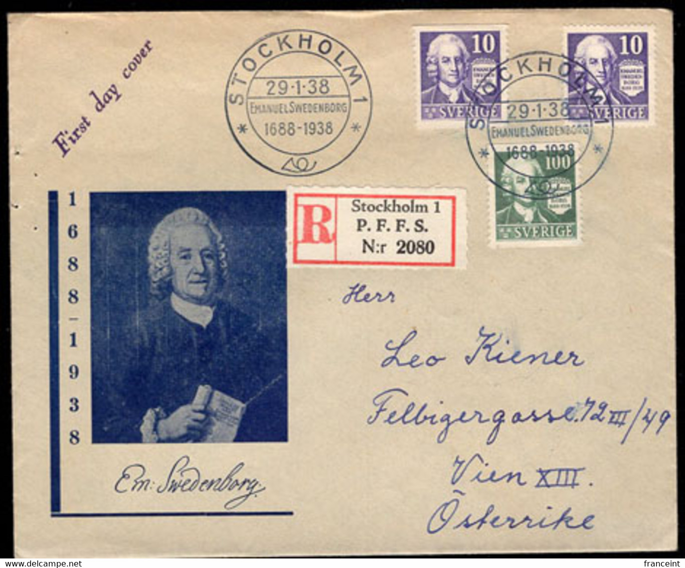 SWEDEN(1938) Emanuel Swedenborg. Registered FDC With Cachet. Scott Nos 264-6. This Lot Includes Several 10o Varieties - Errors, Freaks & Oddities (EFO)