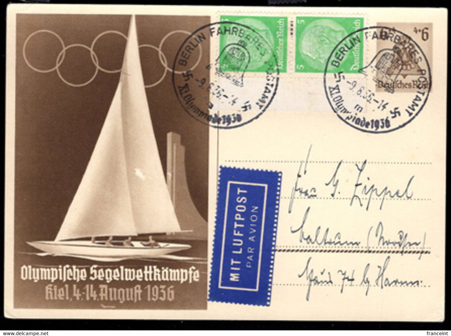 GERMANY(1936) Racing Sailboat. 4+6 Pf Postal Card With Special Event Cancel (9-August-1936) For Berlin Mobile PO. - Ete 1936: Berlin