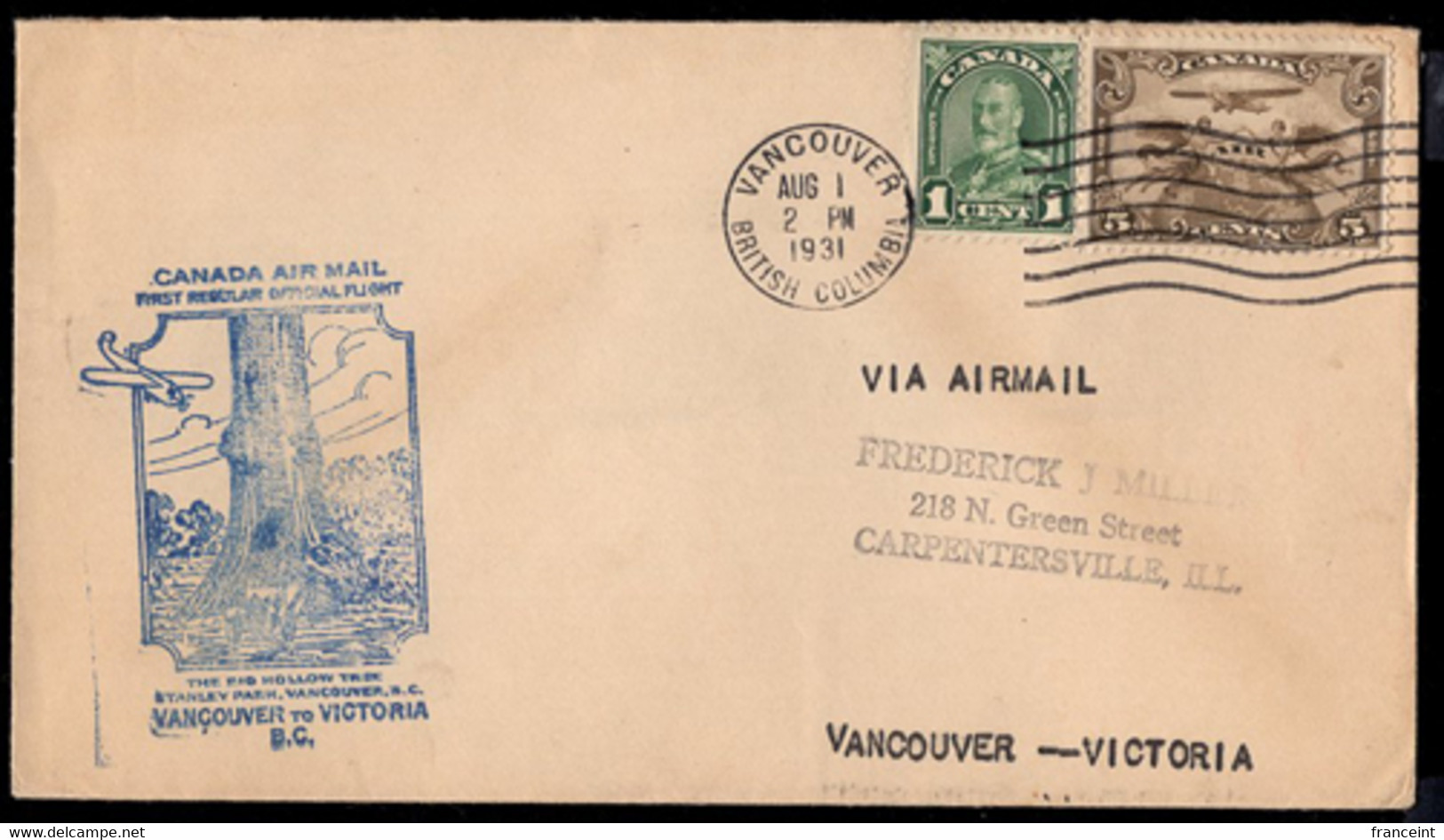 CANADA(1931) Car Driving Through Tunnel In Sequoia Tree. First Flight Cover From Vancouver To Victoria. - Primi Voli