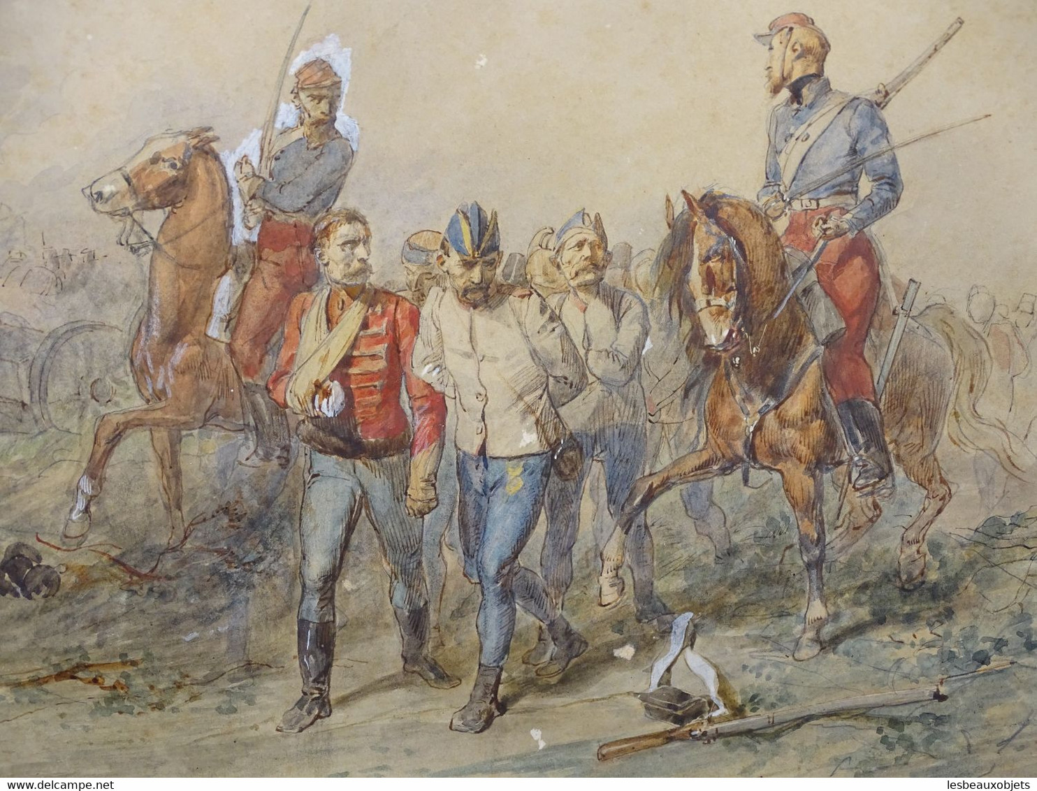 * ESQUISSE AQUARELLEE COLLEE SUR CARTON Signée ANDRIEUX SOLDATS 1870 XIXe    E