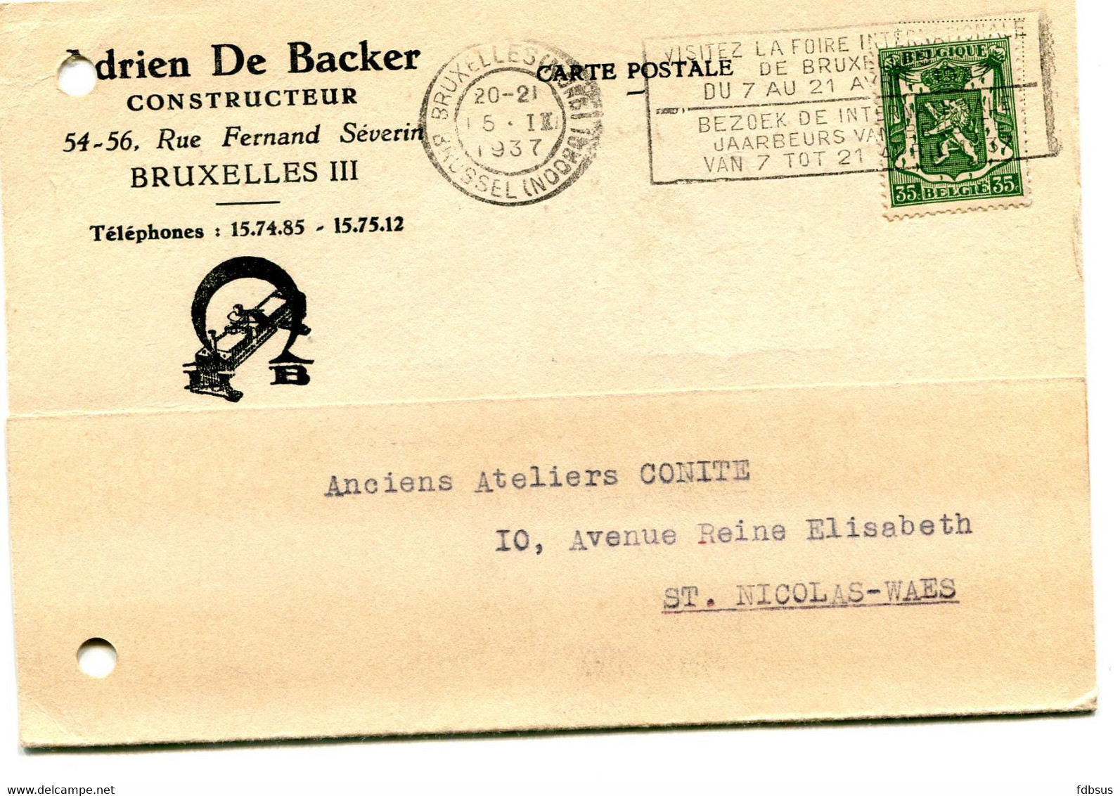 1937 Kaart ADRIEN DE BACKER Bruxelles III Constructeur Naar St Nicolas - Ref 129 - Cartas & Documentos