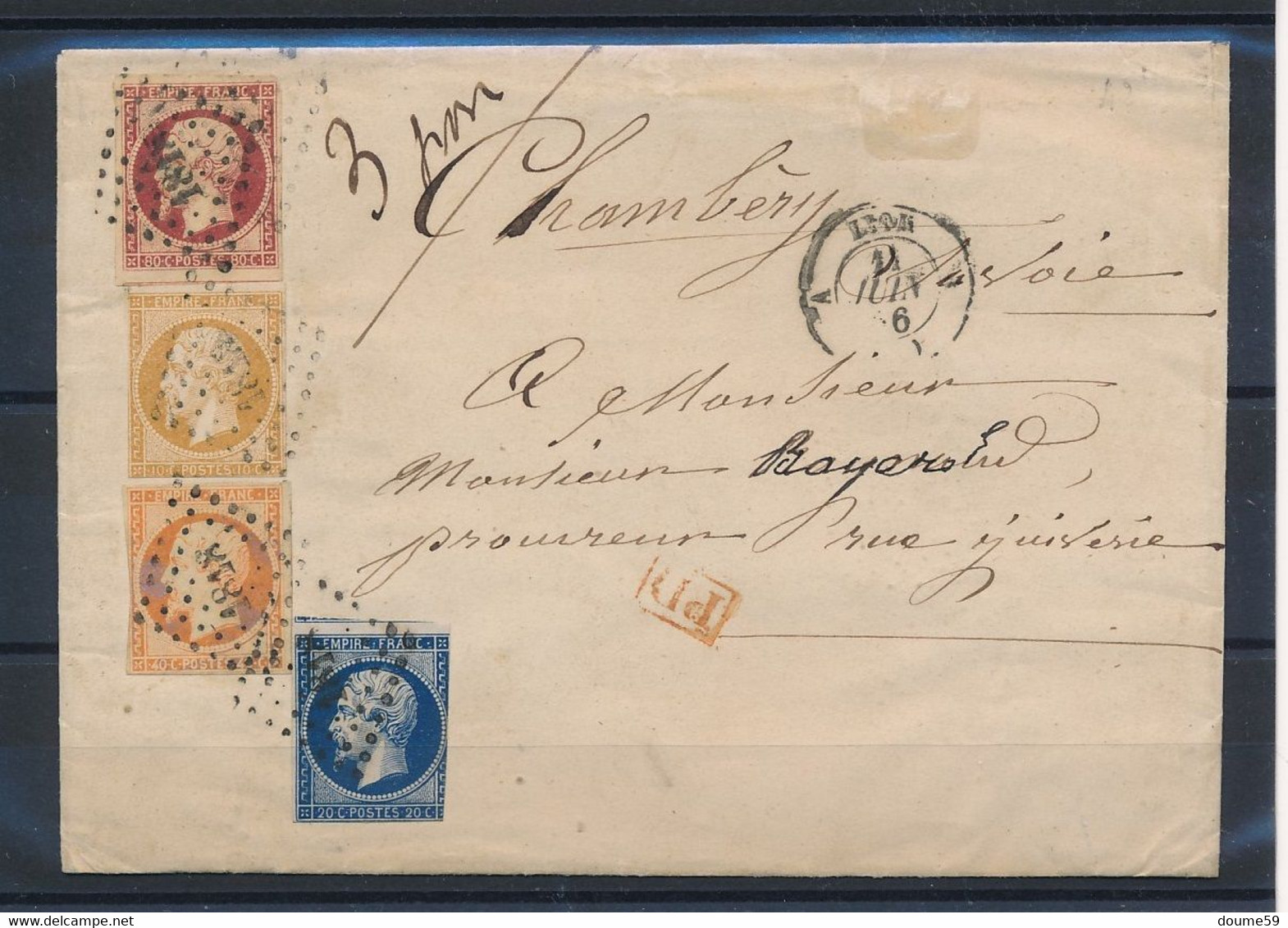 FB-329: FRANCE: Lot Avec Enveloppe  N°17Al (1 Voisin)-(13A-14Aa-16)(courts) Aff Quadricolore - 1853-1860 Napoléon III.