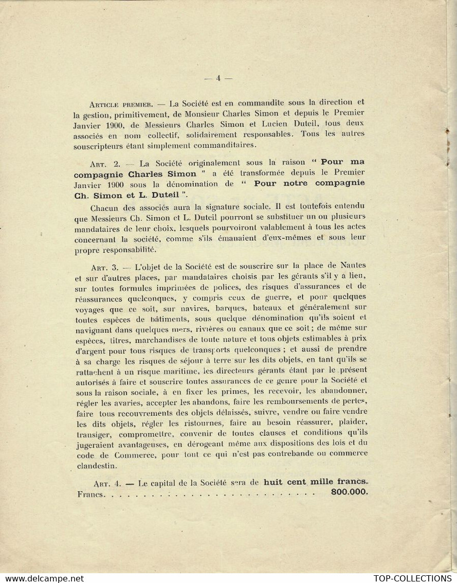 Navigation Commerce Assurance EXCEPTIONNEL DOCUMENT STATUTS Société Assurances Maritimes Nantes 1869 1899 1911 V. SCANS - 1900 – 1949