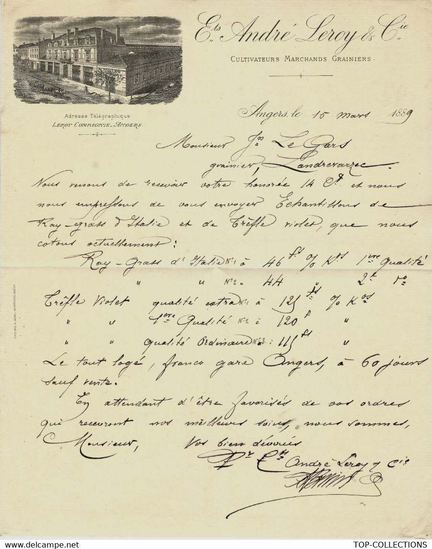 ANDRE LEROY SAVANT BOTANISTE MANUFACTURIER GRAINETIER ANGERS 1889 => Le Gars Landrevarzec Finistère VOIR SCANS+HIST - 1900 – 1949