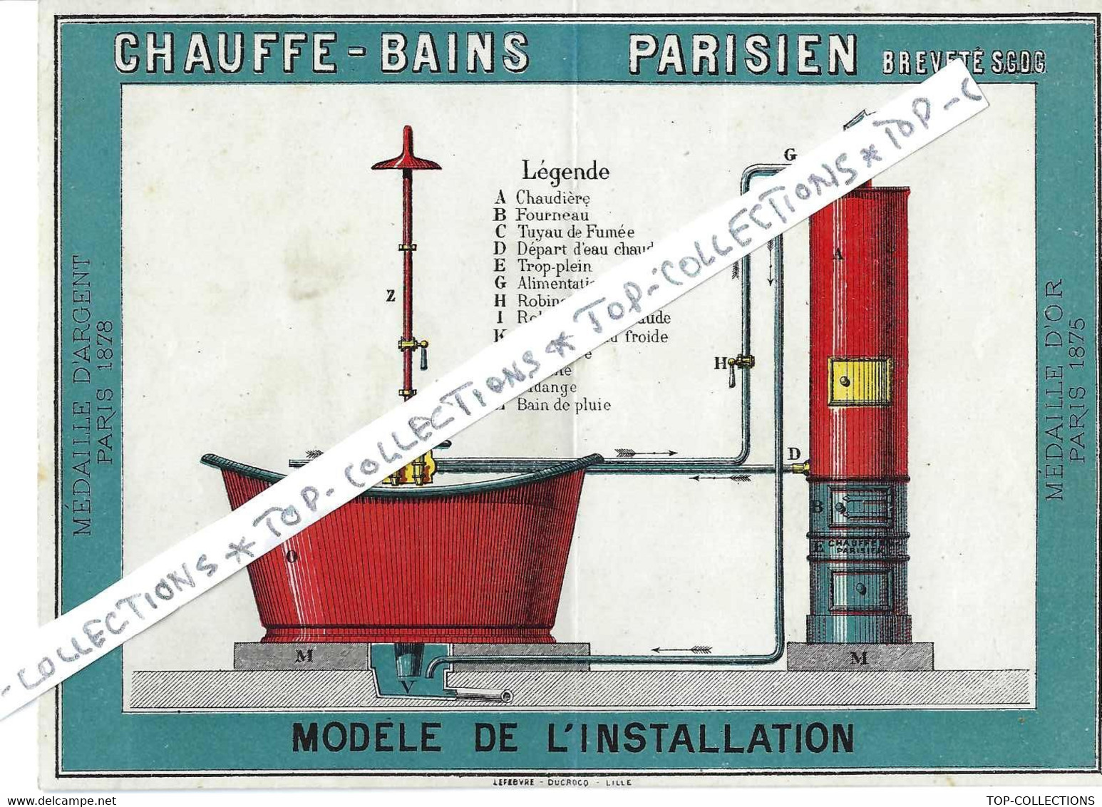 SUPERBE !! PARIS  CIRCA 1894 SANTE SALUBRITE PROPRETE  HYGIENE CHAUFFE BAIN PARISIEN  PUBLICITE B.E.V.SCANS - 1800 – 1899