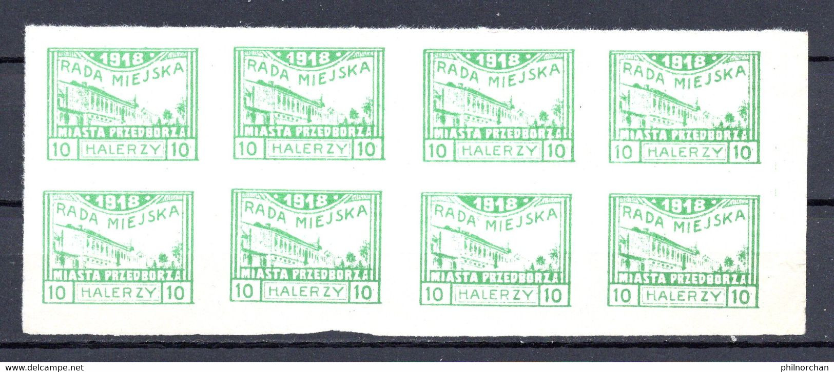 Pologne 1918 Poste Locale PRZEDBORZA Bloc 8x10 Halerzy Verts Non Dentelés Neufs  14 €    (cote ?, 8 Valeurs) - Unused Stamps