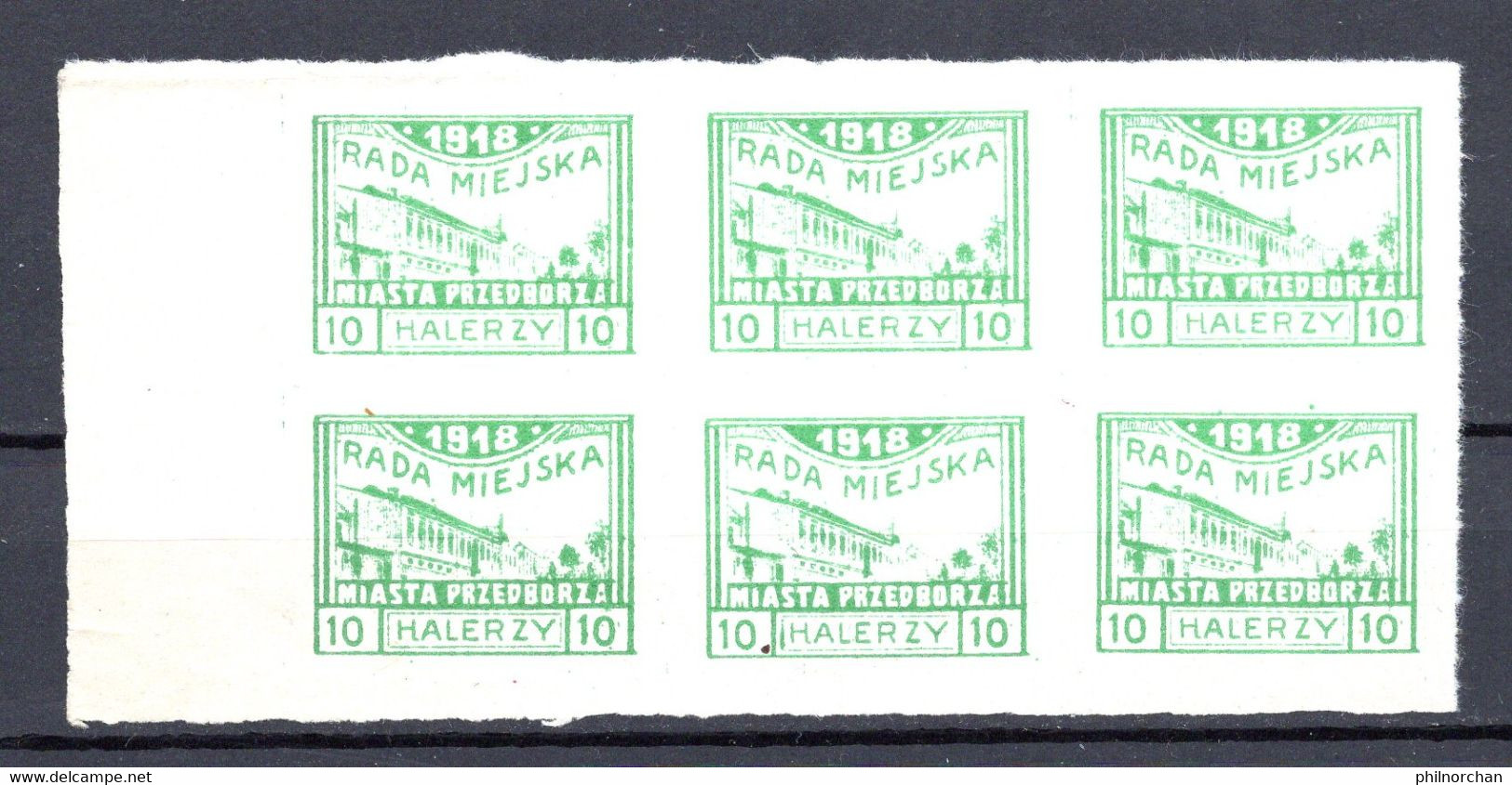 Pologne 1918 Poste Locale PRZEDBORZA Bloc 6x10 Halerzy Verts Non Dentelés Neufs  10 €    (cote ?, 6 Valeurs) - Unused Stamps