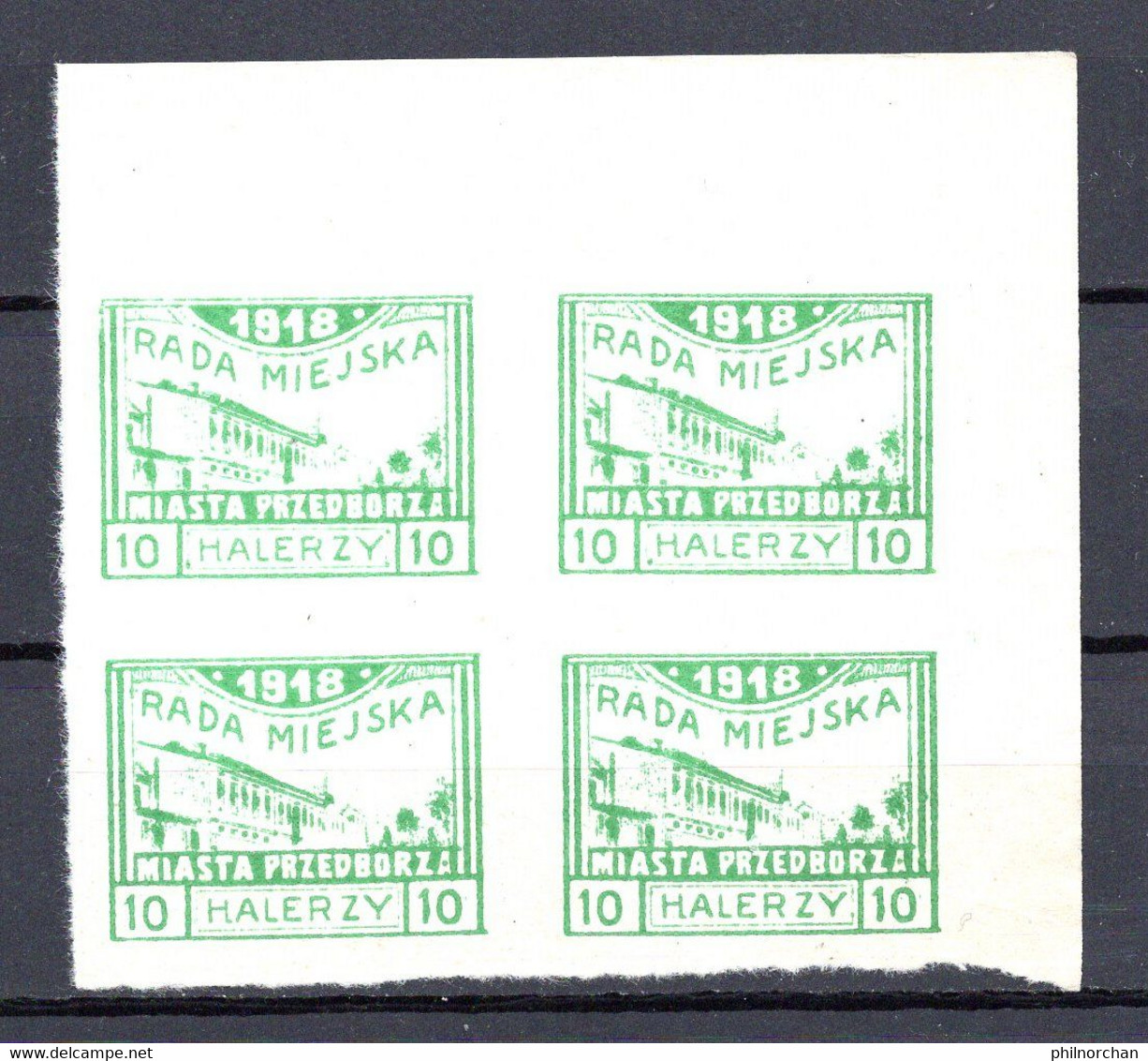 Pologne 1918 Poste Locale PRZEDBORZA Bloc 4x10 Halerzy Verts Non Dentelés Neufs  7 €  Ex N°1  (cote ?, 4 Valeurs) - Unused Stamps