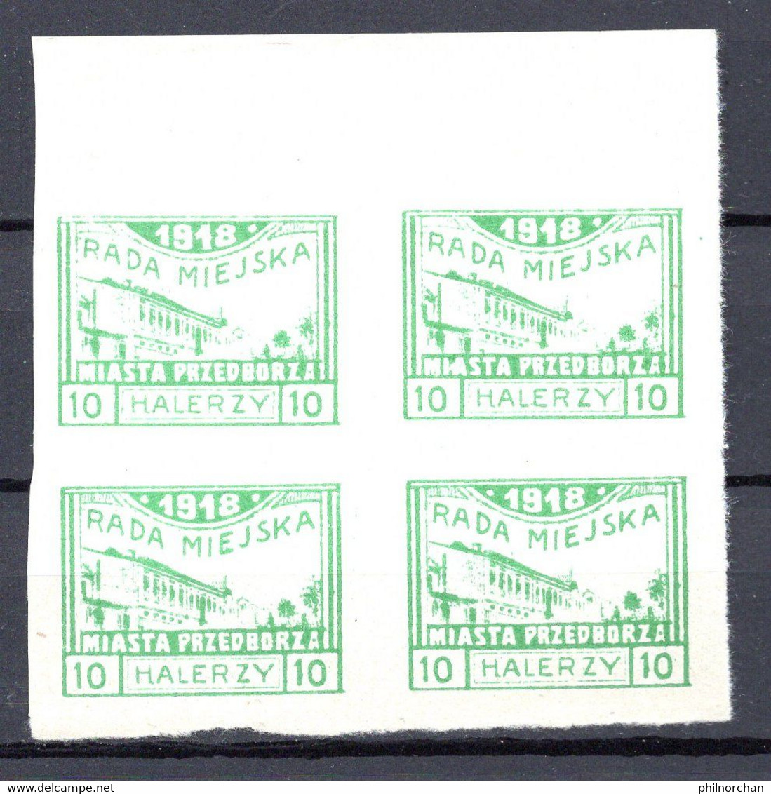 Pologne 1918 Poste Locale PRZEDBORZA Bloc 4x10 Halerzy Verts Non Dentelés Neufs  7 €  Ex N°2  (cote ?, 4 Valeurs) - Neufs