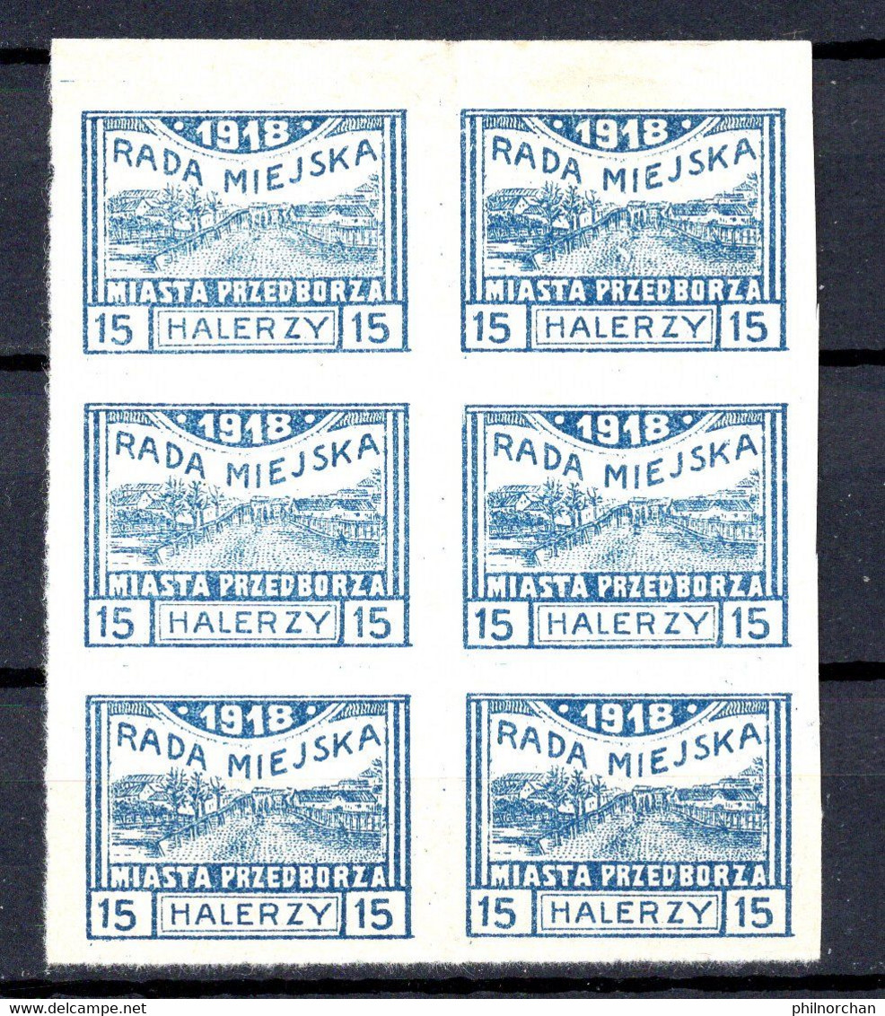 Pologne 1918 Poste Locale PRZEDBORZA Bloc 6x15 Halerzy Bleus Non Dentelés Neufs  9 €  Ex N°2  (cote ?, 6 Valeurs) - Ungebraucht