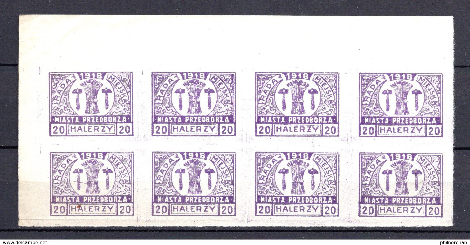 Pologne 1918 Poste Locale PRZEDBORZA Bloc 8x20 Halerzy Violets Non Dentelés Neufs  15 €   (cote ?, 8 Valeurs) - Nuevos