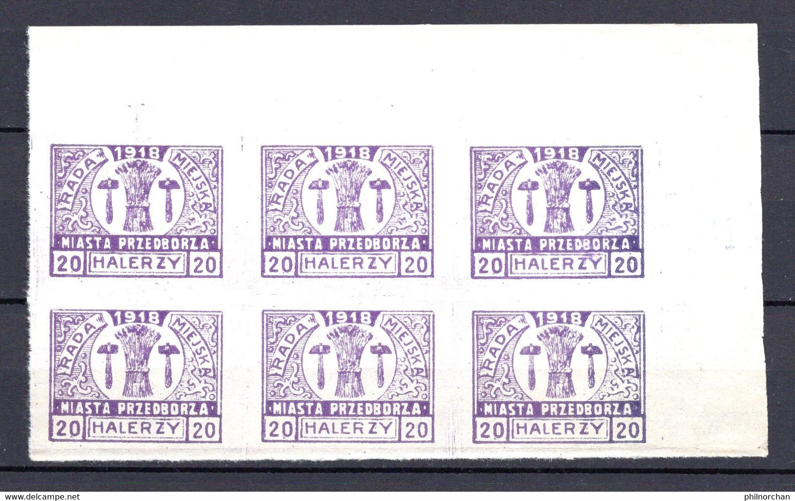 Pologne 1918 Poste Locale PRZEDBORZA Bloc 6x20 Halerzy Violets Non Dentelés Neufs  11 €   (cote ?, 6 Valeurs) - Unused Stamps