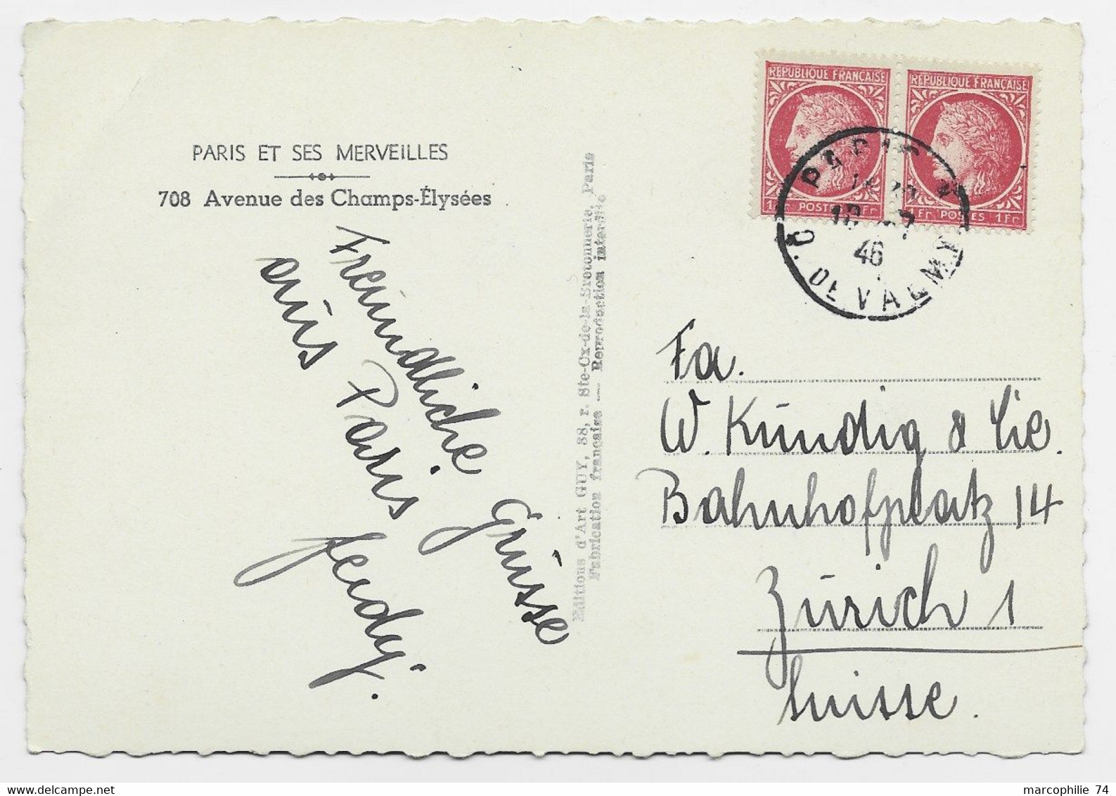 FRANCE MAZELIN 1FR PAIRE CARTE 5 MOTS PARIS 10.7.1946 POUR SUISSE TARIF - 1945-47 Ceres Of Mazelin