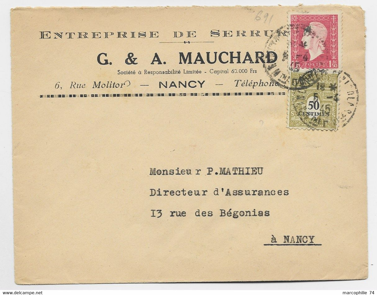 FRANCE ARC TRIOMPHE 50C +1FR50 DULAC LETTRE NANCY 5.4.1945 MTHE MOSELLE AU TARIF - 1944-45 Triomfboog