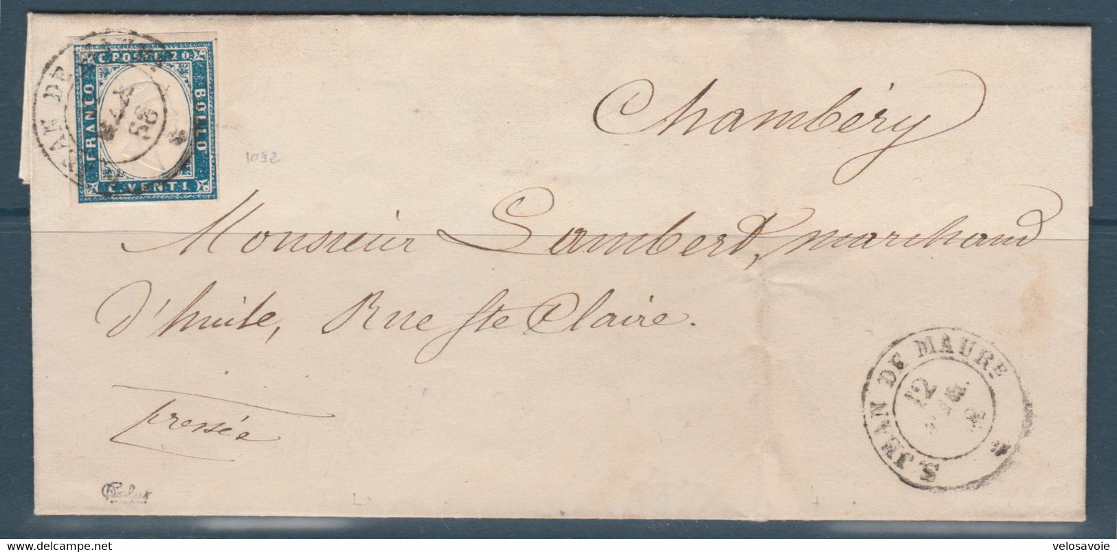 20c BLEU SUR LETTRE DE SAVOIE ST JEAN DE MAURIENNE DE 1858 SIGNE CALVES RARE - Sardaigne