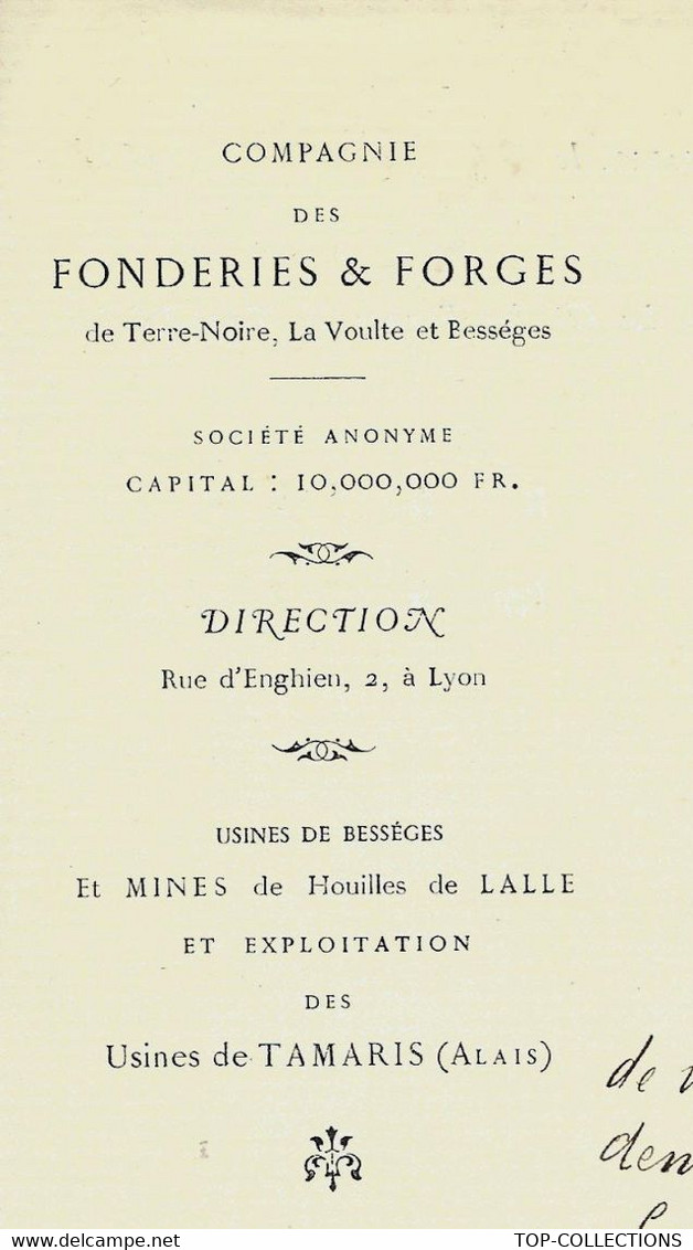 1881 ENTETE LETTRE COMPLETE ET SIGNEE FONDERIES FORGES TERRE NOIRE LA VOULTE & BESSEGES à TAMARIS Gard B.E. - 1800 – 1899