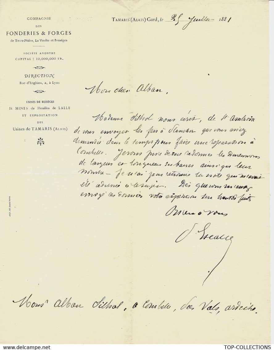 1881 ENTETE LETTRE COMPLETE ET SIGNEE FONDERIES FORGES TERRE NOIRE LA VOULTE & BESSEGES à TAMARIS Gard B.E. - 1800 – 1899