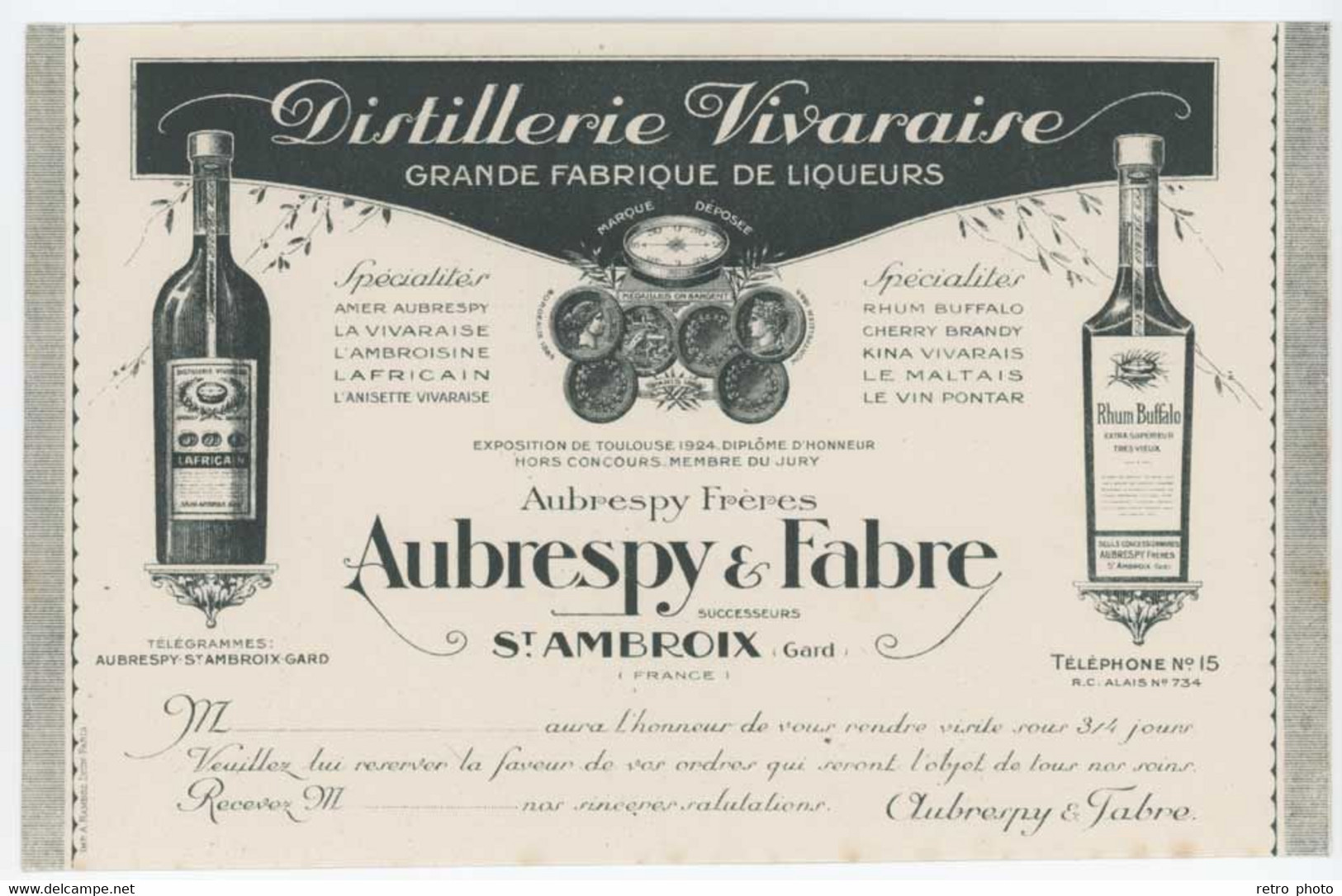Buvard Fistillerie Vivaraise Aubrespy & Fabre , St Ambroix, Gard ( L'Africain / Rhum Buffalo )(DD) - Schnaps & Bier