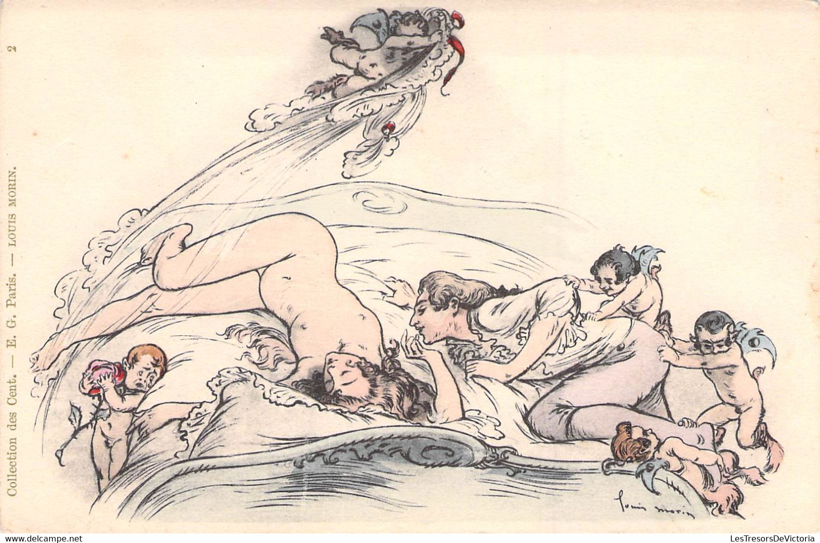CPA Illustrateur Signé Louis Morin - Collection Des Cent - Femme Nue Sur Un Lit Homme Ange Et Diablotins - Erotique - Other Illustrators