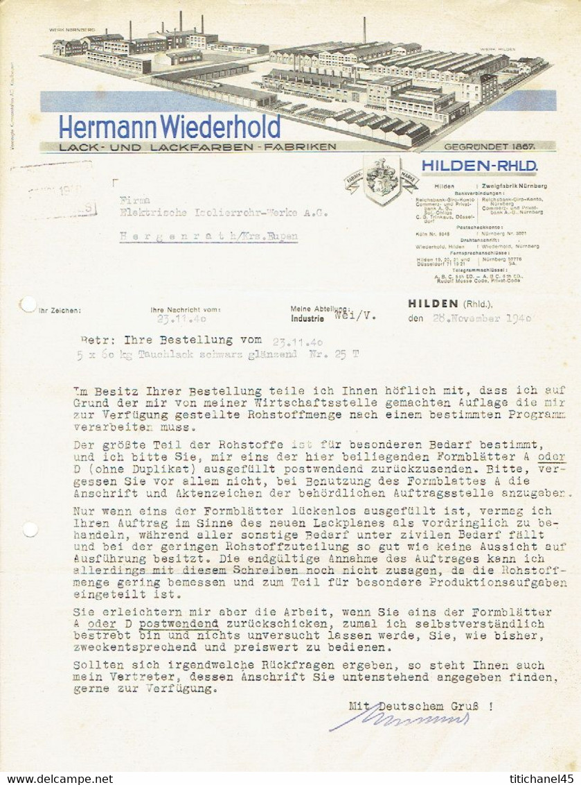 Brief 1940 HILDEN - HERMANN WIEDERHOLD - Lack Und Lackfarben Fabriken - Otros & Sin Clasificación