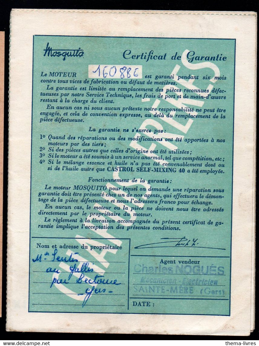 Certificat  Dépliant De Garantie MOTEUR MOSQUITO ( Vendeur NOGUES à SAINTE MERE (32 GERS)  (PPP37768) - Material Und Zubehör