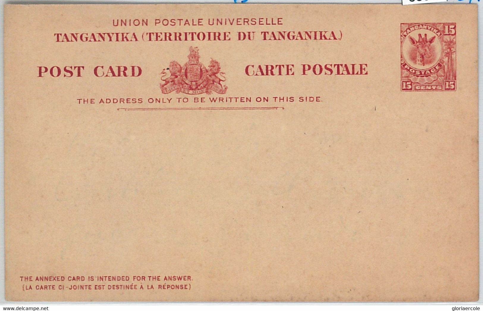 65891 -  TANGANIKA - Postal History -  POSTAL STATIONERY CARD: - GIRAFFE - Tanganyika (...-1932)