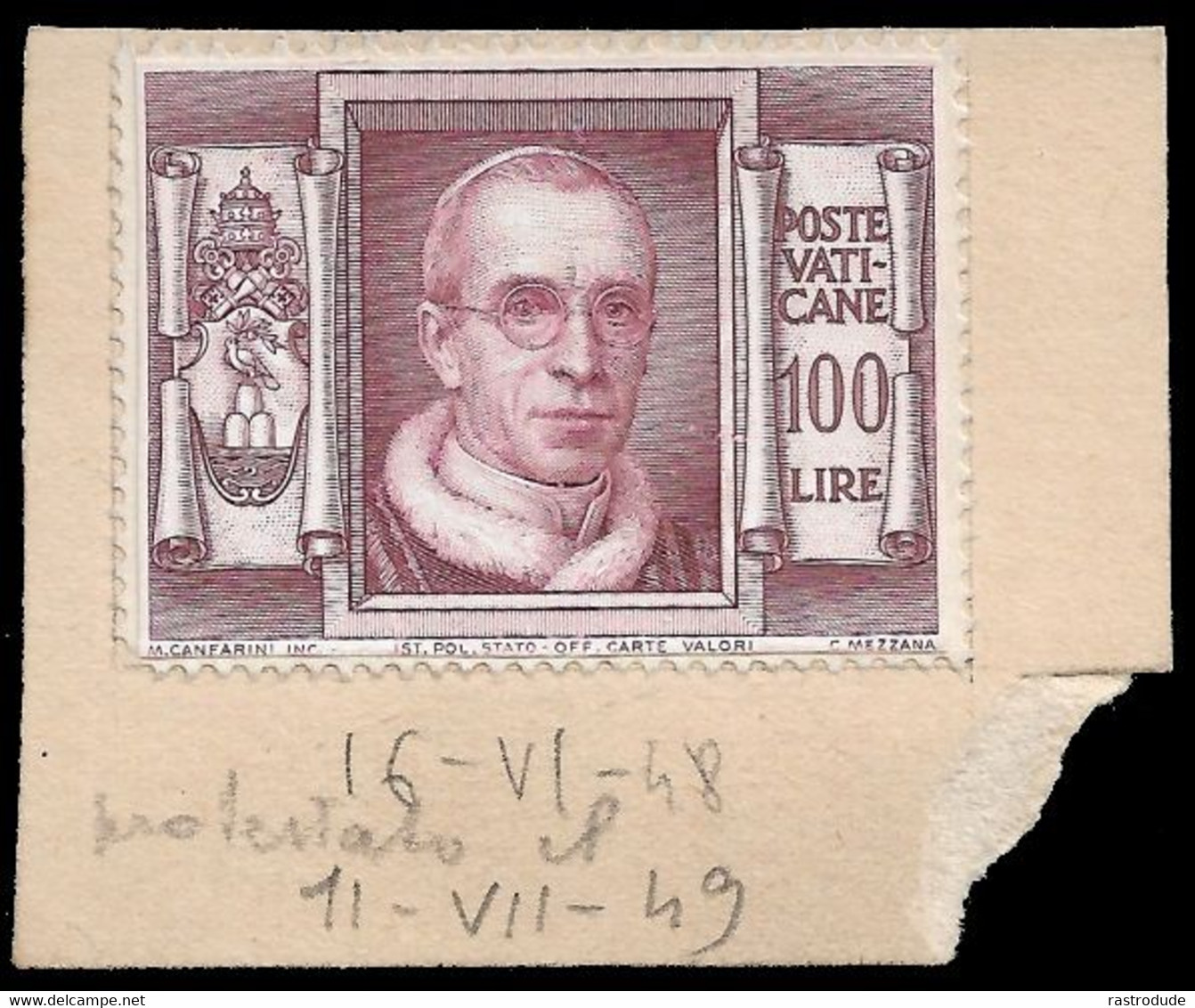 VATICAN CITY - 1948 VERY RARE PROOF / PROVE 100L (Sassone 131) NOT ISSUED COLOR - POPE PIUS XII - Ongebruikt