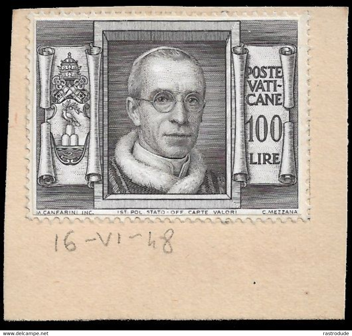 VATICAN CITY - 1948 VERY RARE PROOF / PROVE 100L (Sassone 131) NOT ISSUED COLOR - POPE PIUS XII - Unused Stamps