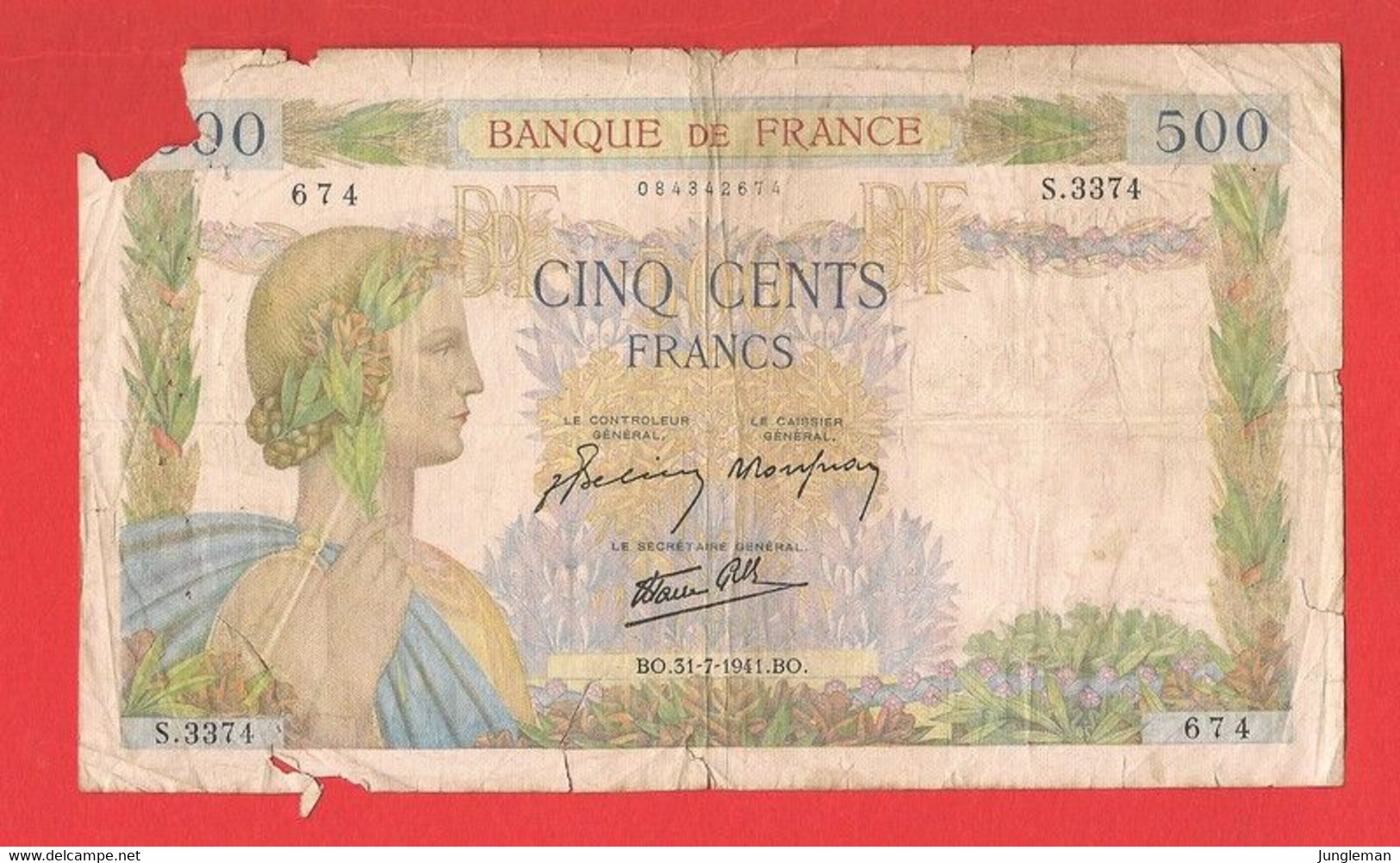 500 Francs LA PAIX - S.3374 N° 674 - 31 Juillet 1941 - Plis, Déchirures Et Manque De Papier - 500 F 1940-1944 ''La Paix''