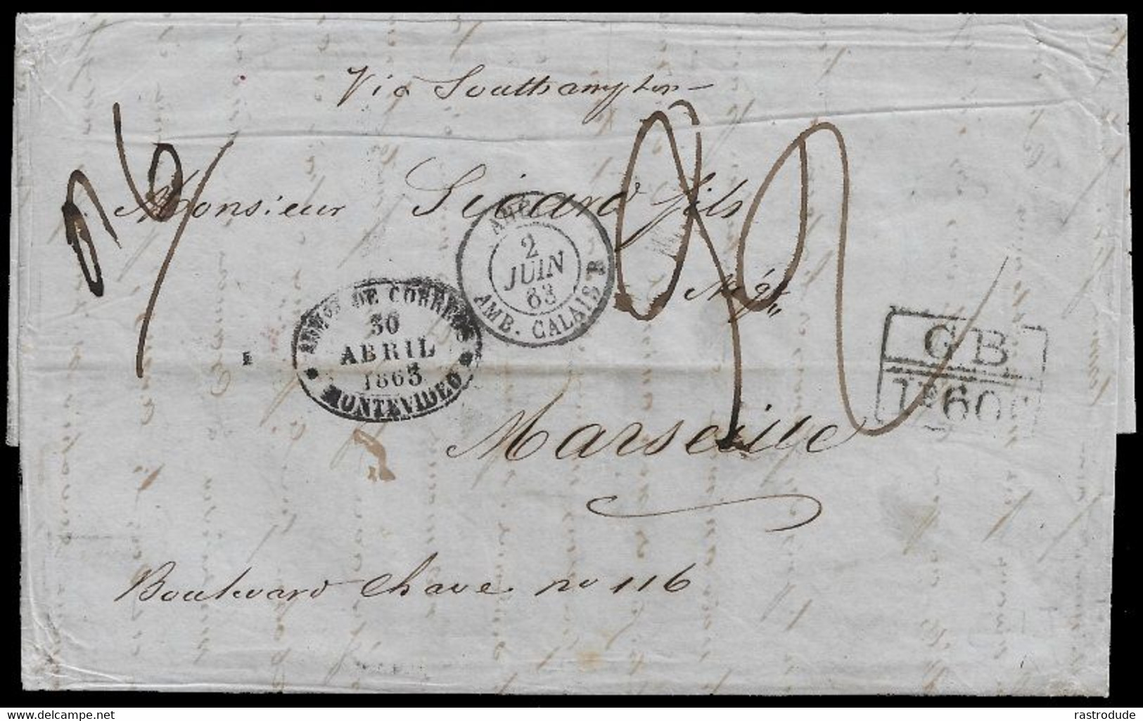 1863 URUGUAY TRANSATLANTIC COVER MONTEVIDEO To MARSEILLE, FRANCE - VIA SOUTHAMPTON - Uruguay
